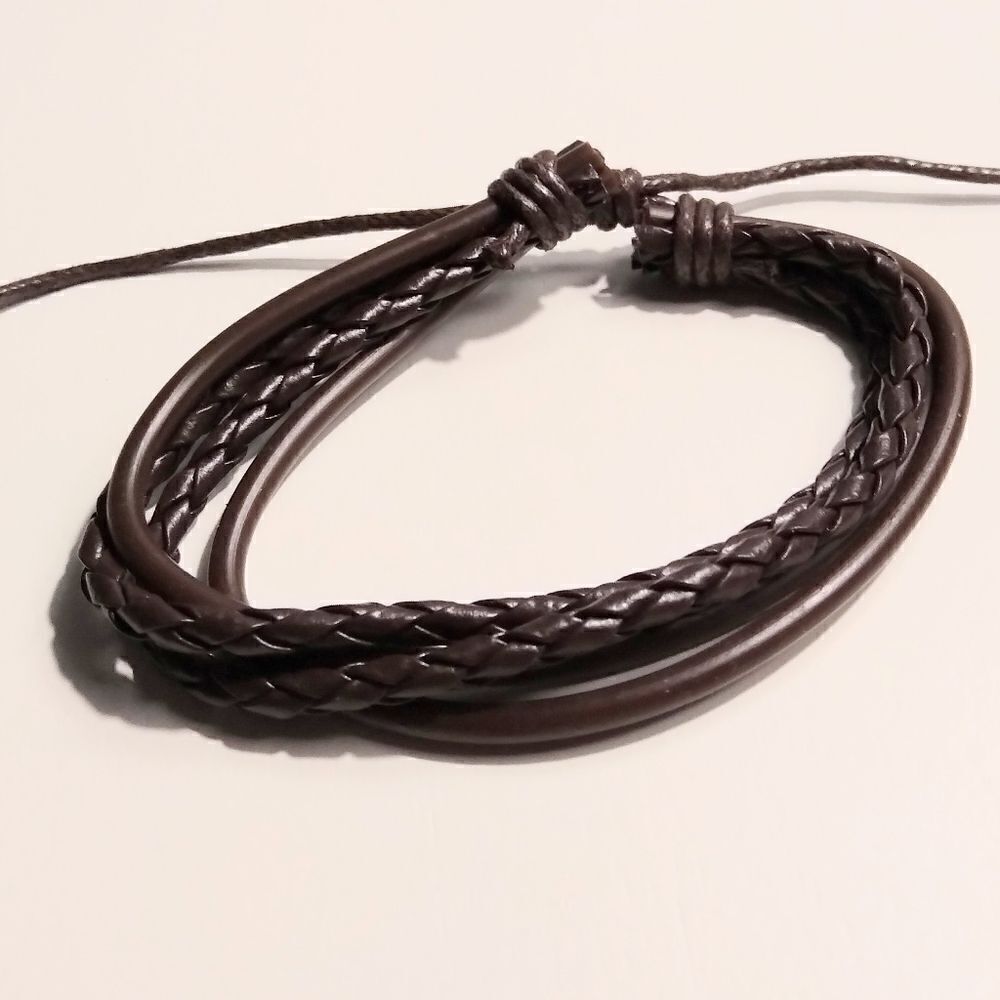 New Men's bracelet leather layered braided brown 59